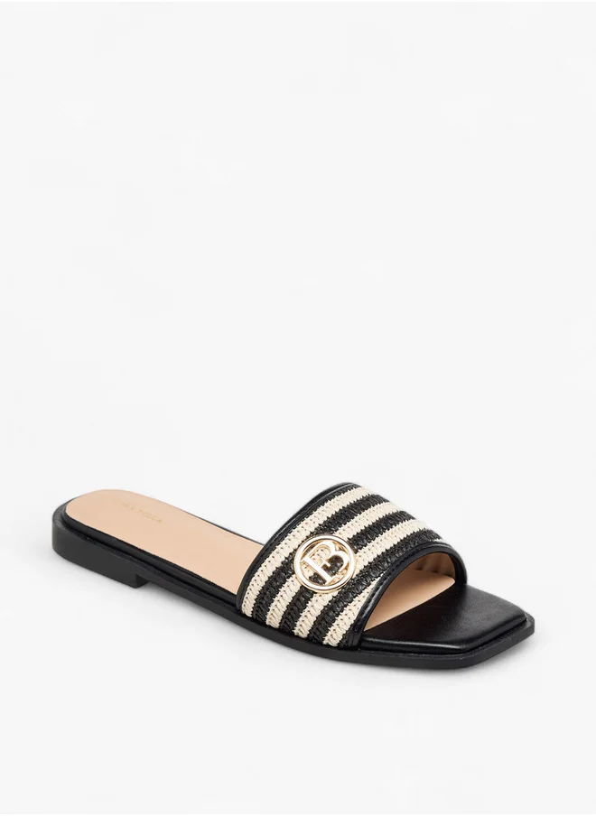 Flora Bella By Shoexpress Textured Slip-On Flat Sandals with Metal Accent