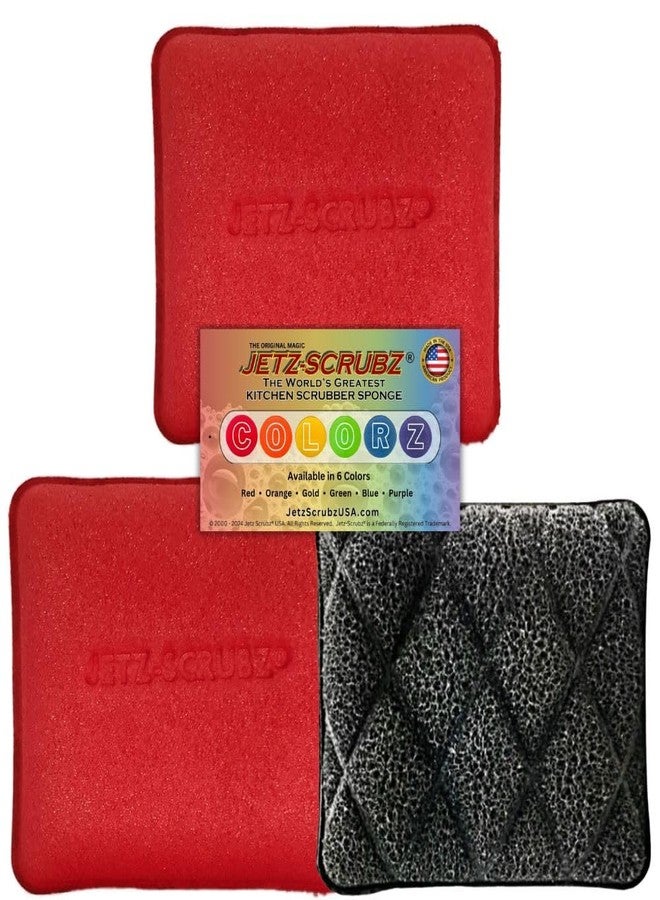 Jetz-Scrubz إسفنجة تنظيف المطبخ السحرية الأصلية جتس سكروبز J27 مستطيلة، عبوة من 3 (أحمر) - Image 1
