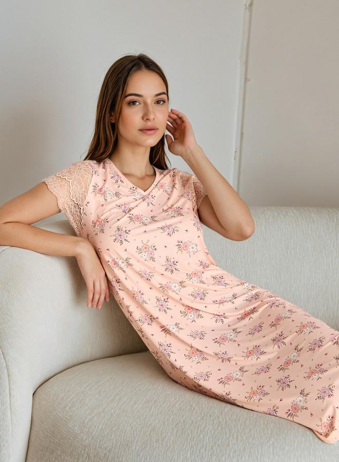 سبلاش فيڤ فستان نوم بطبعة زهور ورقبة على شكل حرف  وأكمام دانتيل - Image 1