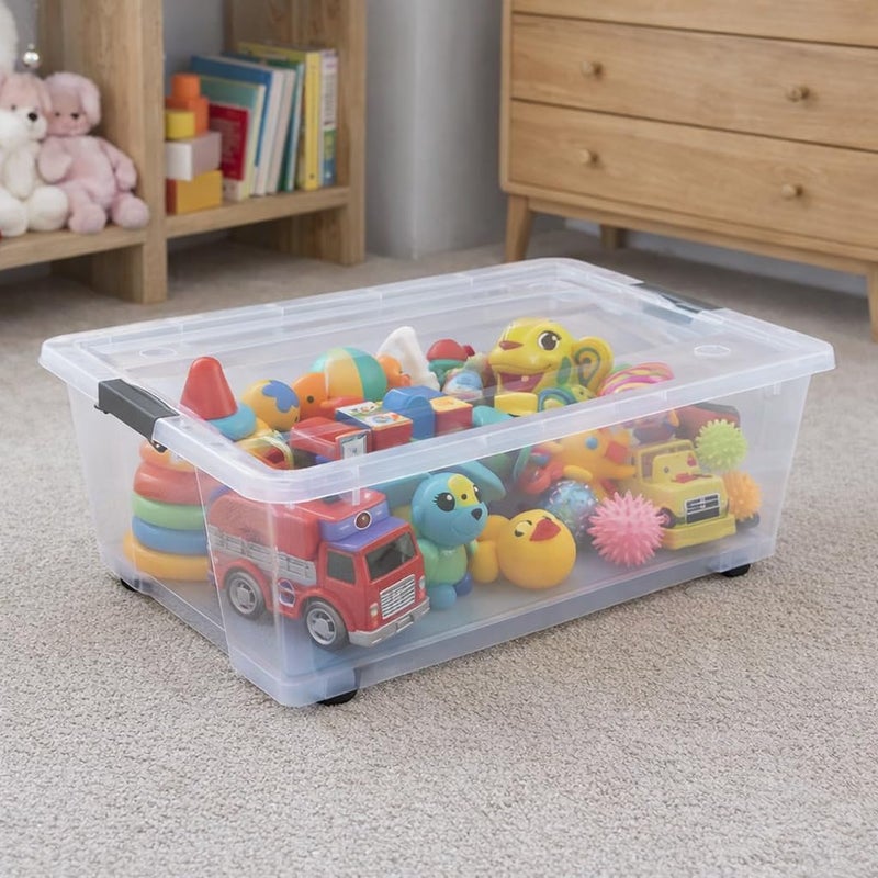 HOOJO® 30L Under Bed Storage Box with Lid & Wheels – Set of 3 Slim Stackable Transparent Plastic Containers | Rolling Organizer for Clothes, Toys, Shoes, Tools, Medicine, Office & Kitchen Storage - Image 3