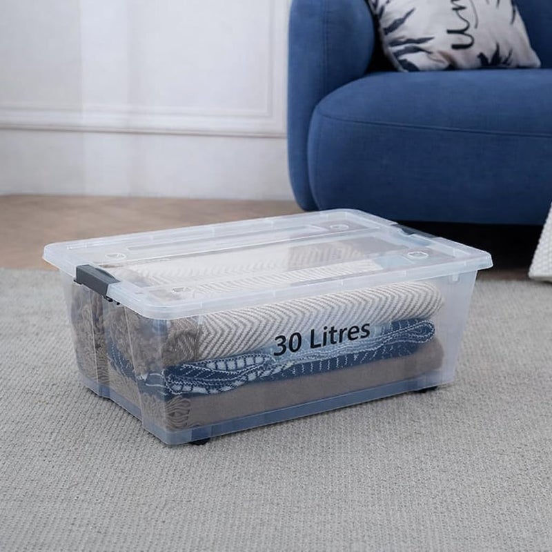 HOOJO® 30L Under Bed Storage Box with Lid & Wheels – Set of 3 Slim Stackable Transparent Plastic Containers | Rolling Organizer for Clothes, Toys, Shoes, Tools, Medicine, Office & Kitchen Storage - Image 4
