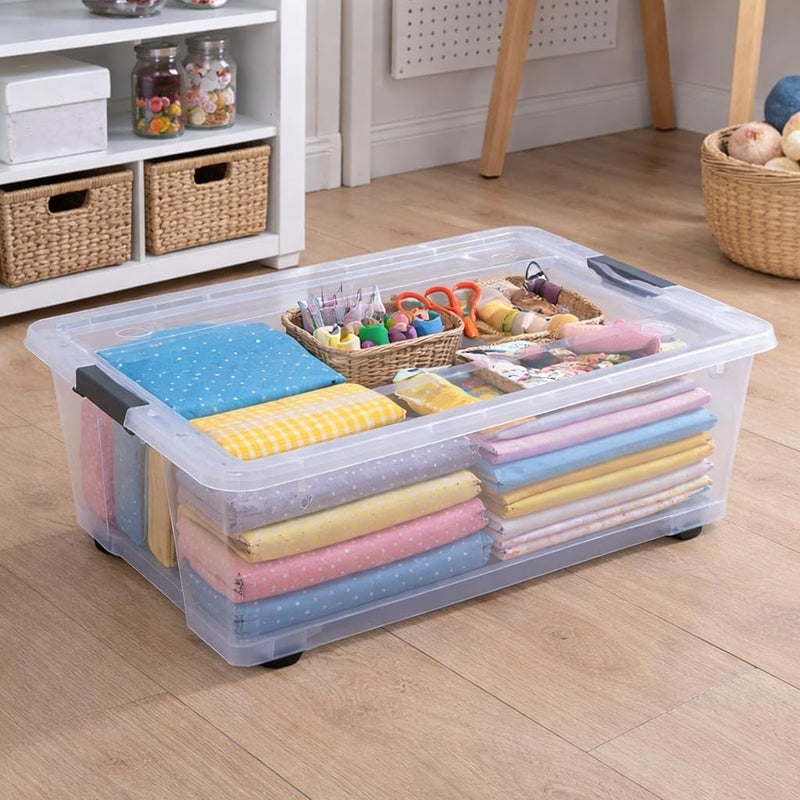 HOOJO® 30L Under Bed Storage Box with Lid & Wheels – Set of 3 Slim Stackable Transparent Plastic Containers | Rolling Organizer for Clothes, Toys, Shoes, Tools, Medicine, Office & Kitchen Storage - Image 2