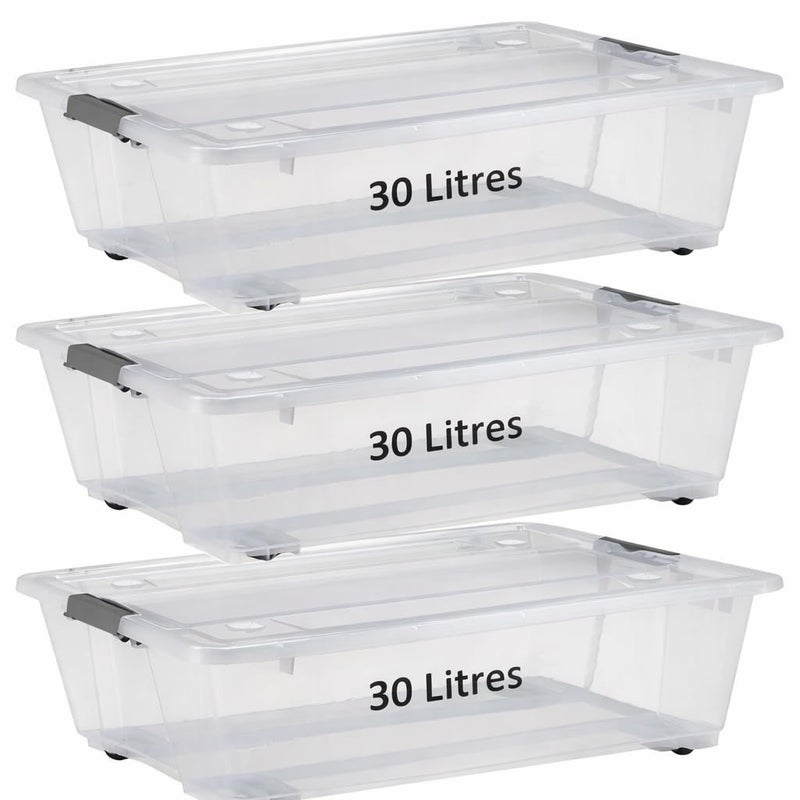 HOOJO® 30L Under Bed Storage Box with Lid & Wheels – Set of 3 Slim Stackable Transparent Plastic Containers | Rolling Organizer for Clothes, Toys, Shoes, Tools, Medicine, Office & Kitchen Storage - Image 1