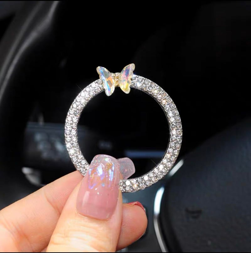 Bling Ring Emblem Car Accessories - Rhinestone Crystal Ring for Car Buttons u0026 Knobs, Push to Start Button Cover, Key Ignition Starter u0026 Knob Ring for Women (White Butterfly) - Image 1