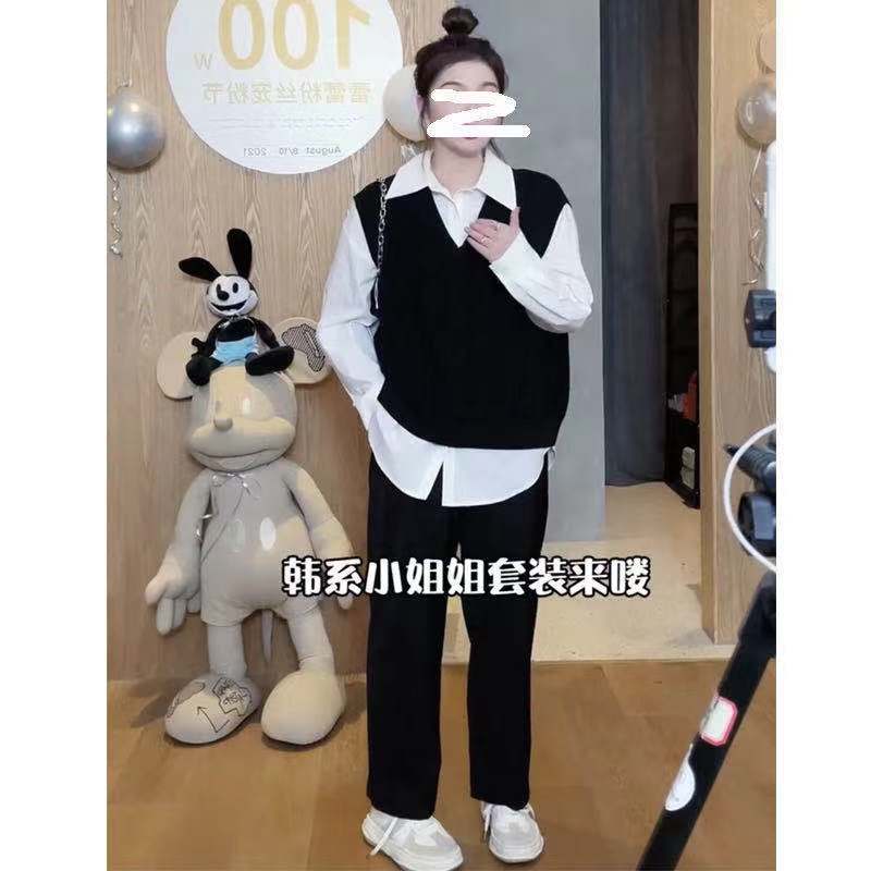 Leilei Pet Powder Fat Girl Design Sense Outer Knitted Vest Women'S Loose V-Neck Large Size Vest Shirt Set - Image 3