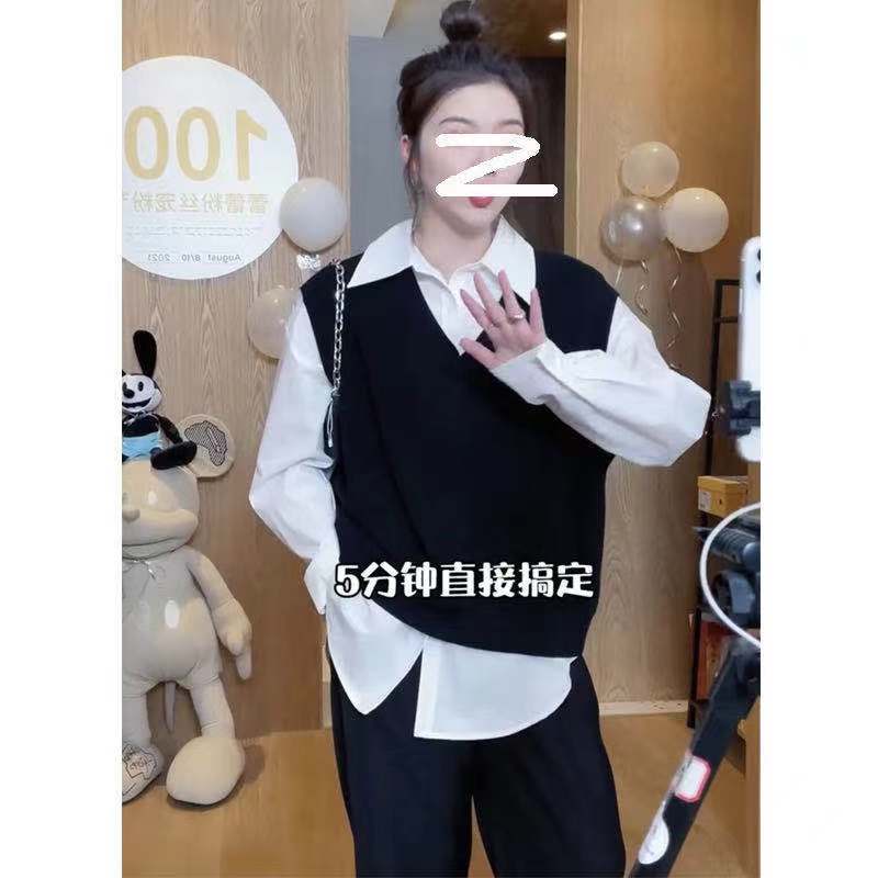 Leilei Pet Powder Fat Girl Design Sense Outer Knitted Vest Women'S Loose V-Neck Large Size Vest Shirt Set - Image 4