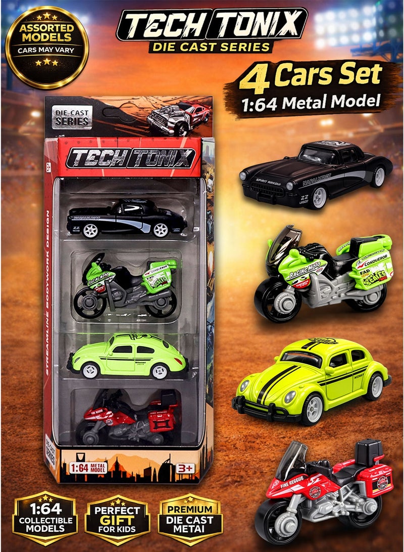 TECHTONICS TechTonix Die Cast Metal Toy Cars Set 4 Pieces 1:64 Scale Mini Racing Cars Collectible Diecast Vehicle Set Metal Model Sports Cars Toy Cars for Kids Boys Girls Assorted Models Mini Car Collection Gift Toy Vehicle Set - Image 1