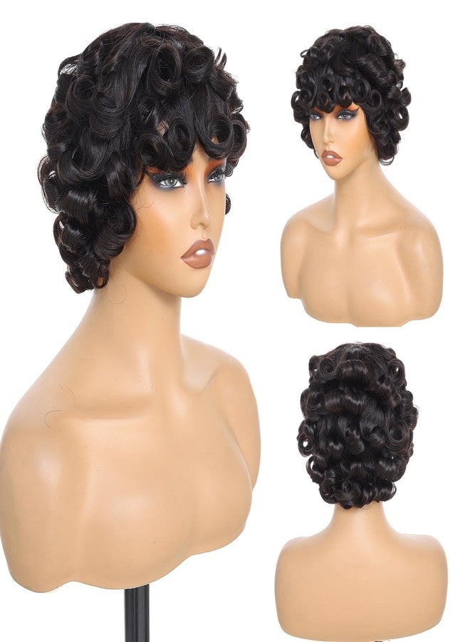 TATOUS Swollen Big Curl Human Hair Wigs with Bangs Short Curl Human Hair Wigs for Black Women Glueless Bouncy Curly Bob Wig 8 Inch - Image 5