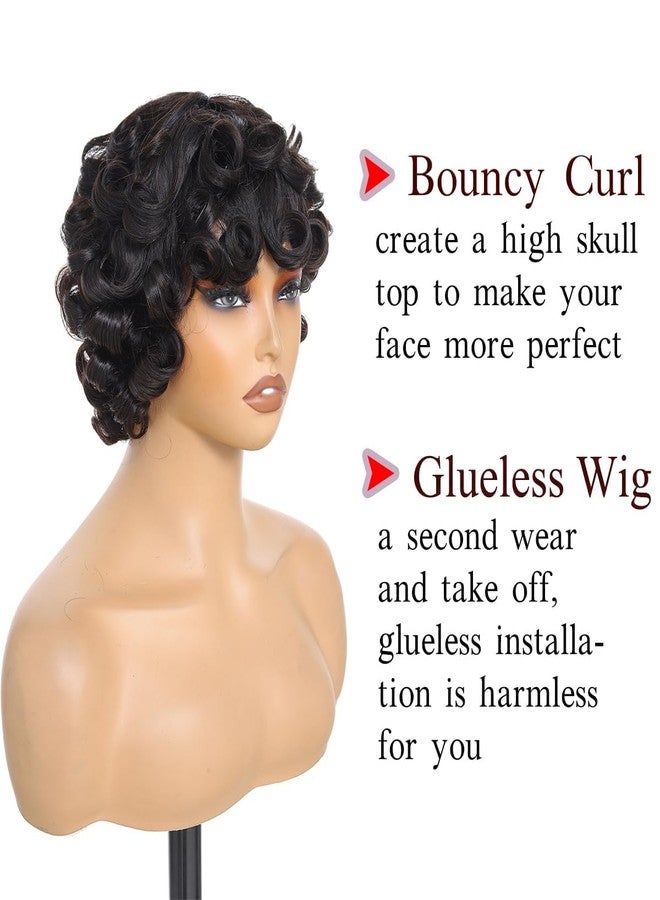 TATOUS Swollen Big Curl Human Hair Wigs with Bangs Short Curl Human Hair Wigs for Black Women Glueless Bouncy Curly Bob Wig 8 Inch - Image 4