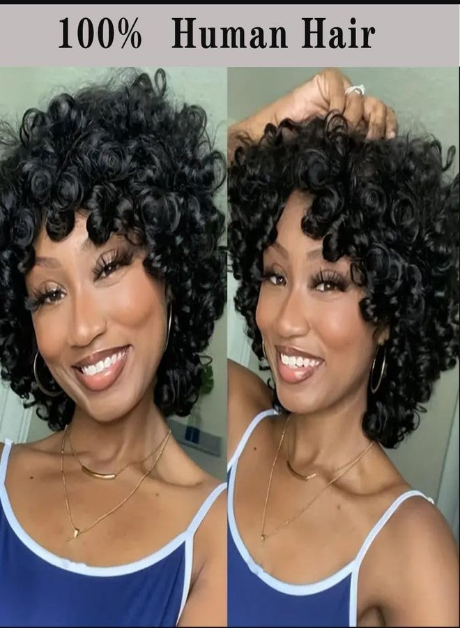 TATOUS Swollen Big Curl Human Hair Wigs with Bangs Short Curl Human Hair Wigs for Black Women Glueless Bouncy Curly Bob Wig 8 Inch - Image 2