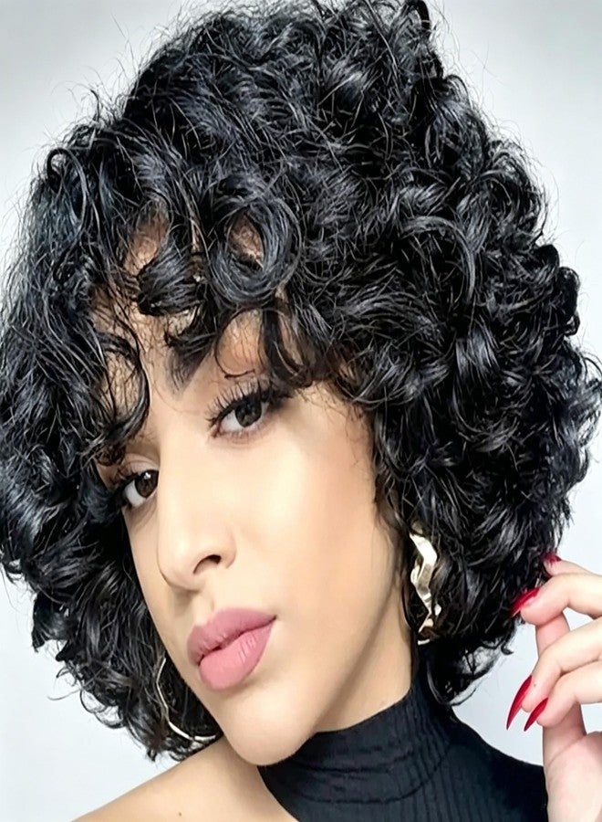 TATOUS Swollen Big Curl Human Hair Wigs with Bangs Short Curl Human Hair Wigs for Black Women Glueless Bouncy Curly Bob Wig 8 Inch - Image 1