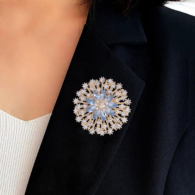 MarveBard Rhinestone Crystal Flower Brooch Pin Sparkling Large Crystal Sunflower Brooch Vintage Floral Lapel Pins Rhinestone Flower Bouquet Broochs Rose Snowflake Broochs Wedding Bridal Dress Jewelry for Women (Gold) - Image 2
