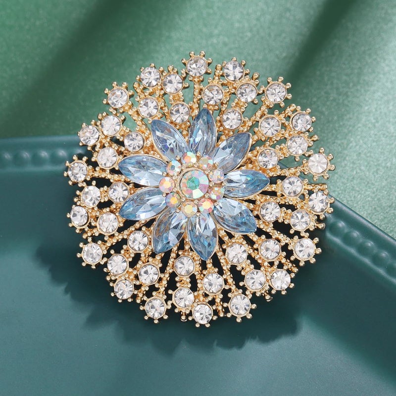 MarveBard Rhinestone Crystal Flower Brooch Pin Sparkling Large Crystal Sunflower Brooch Vintage Floral Lapel Pins Rhinestone Flower Bouquet Broochs Rose Snowflake Broochs Wedding Bridal Dress Jewelry for Women (Gold) - Image 3