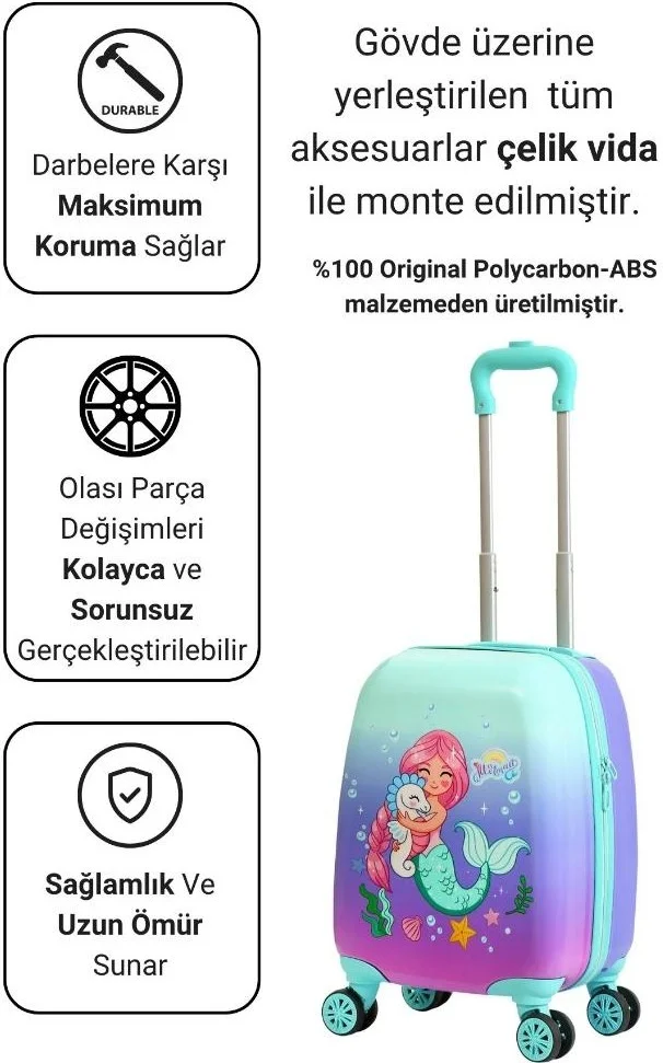 G&D Polo Suitcase Gedox Kids Aqua Green Lilac Mermaid Patterned Girl Suitcase 150