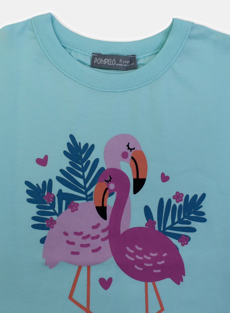 Pompelo Girls Cotton T-Shirt – Aqua with Flamingo Print - Image 3