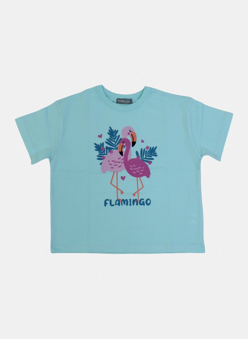Pompelo Girls Cotton T-Shirt – Aqua with Flamingo Print - Image 1