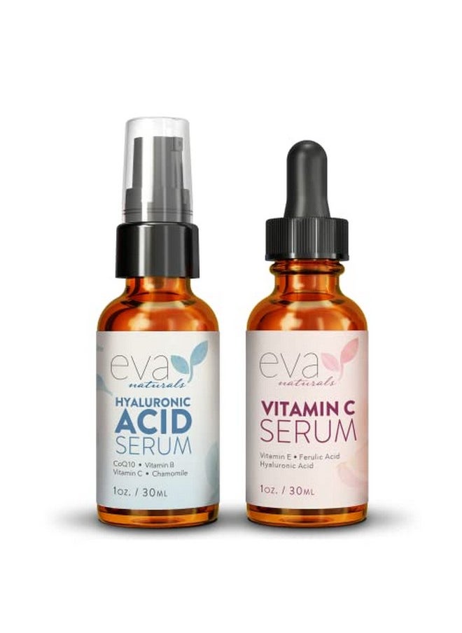 Eva Naturals مجموعة العناية بالبشرة Va Naturals لترطيب وتفتيح البشرة تتضمن سيروم حمض الهيالورونيك وسيروم فيتامين C بتركيز 20% لاستعادة الرطوبة المفقودة وملء البشرة مع توحيد وتنعيم لون الوجه  - Image 1