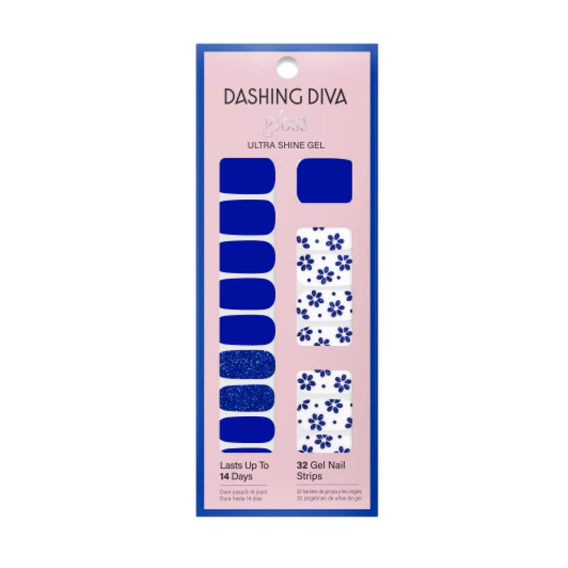 Dashing Diva Gloss Nail Strips - Flor Azul - UV Free, Chip Resistant, Long Lasting Gel Nail Stickers - 3-Piece Manicure Set - Contains 32 Wraps, 1 Prep Pad, 1 File - Image 5