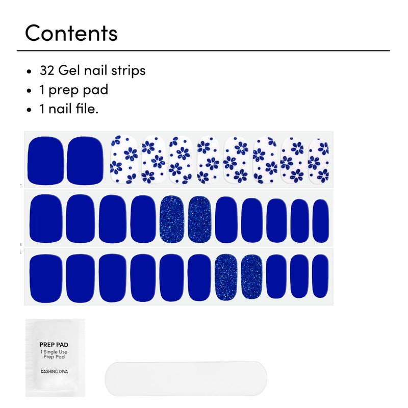 Dashing Diva Gloss Nail Strips - Flor Azul - UV Free, Chip Resistant, Long Lasting Gel Nail Stickers - 3-Piece Manicure Set - Contains 32 Wraps, 1 Prep Pad, 1 File - Image 2