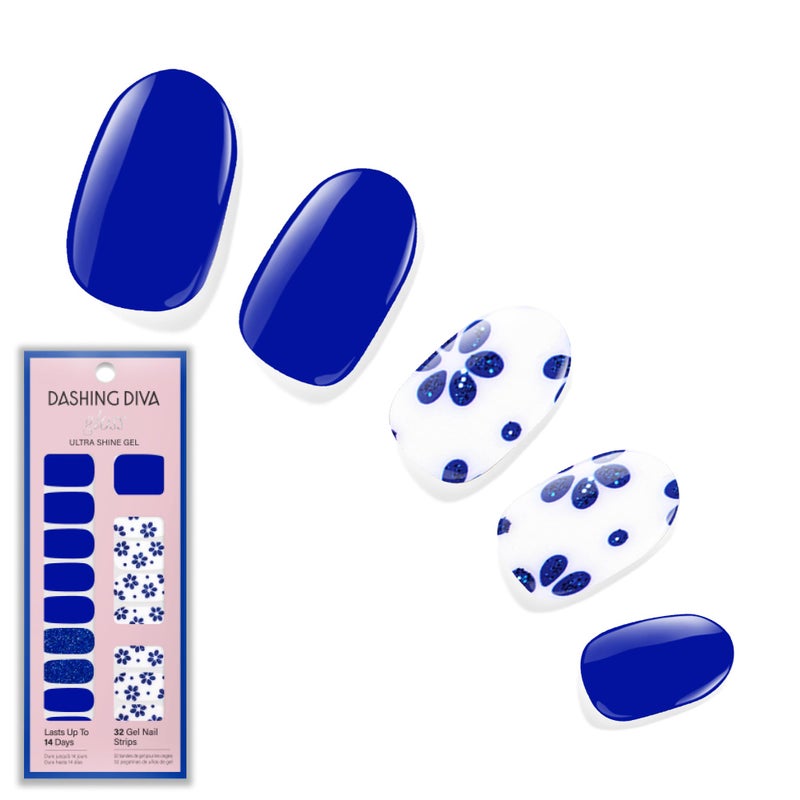 Dashing Diva Gloss Nail Strips - Flor Azul - UV Free, Chip Resistant, Long Lasting Gel Nail Stickers - 3-Piece Manicure Set - Contains 32 Wraps, 1 Prep Pad, 1 File - Image 1