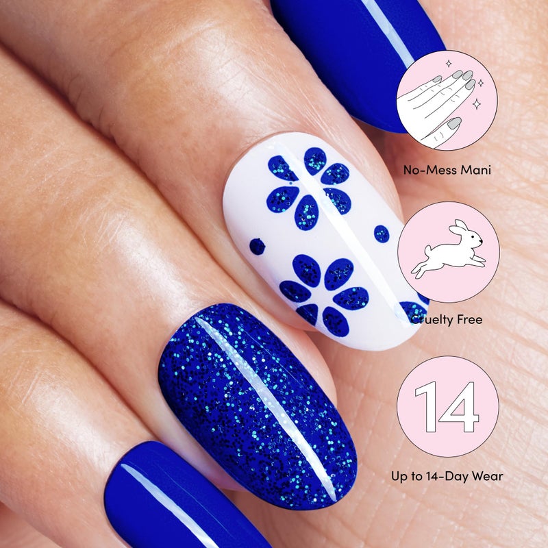Dashing Diva Gloss Nail Strips - Flor Azul - UV Free, Chip Resistant, Long Lasting Gel Nail Stickers - 3-Piece Manicure Set - Contains 32 Wraps, 1 Prep Pad, 1 File - Image 4