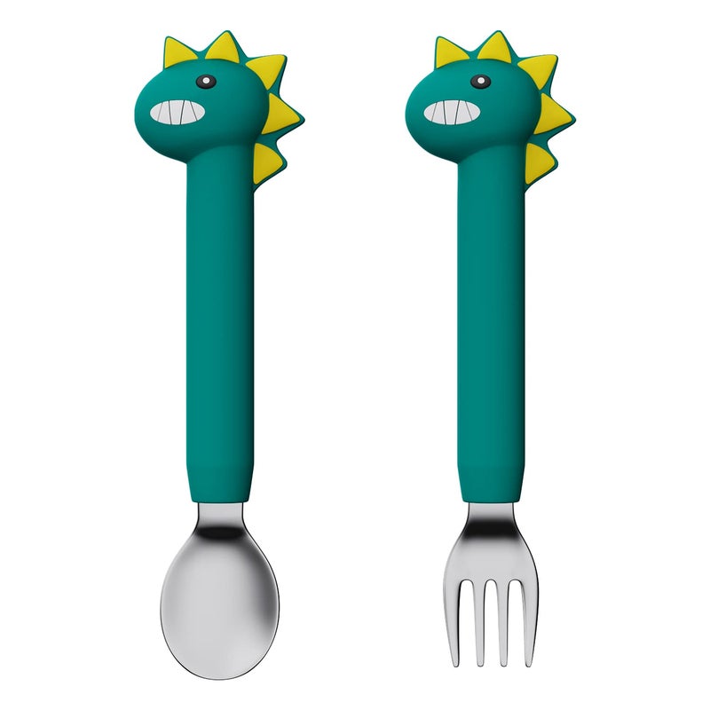 SFCCMM Toddler Utensils Stainless Steel Forks and Spoons Safe Childrens Cutlery Set Handle Cartoon Cute for Baby Green Dinosaur Short