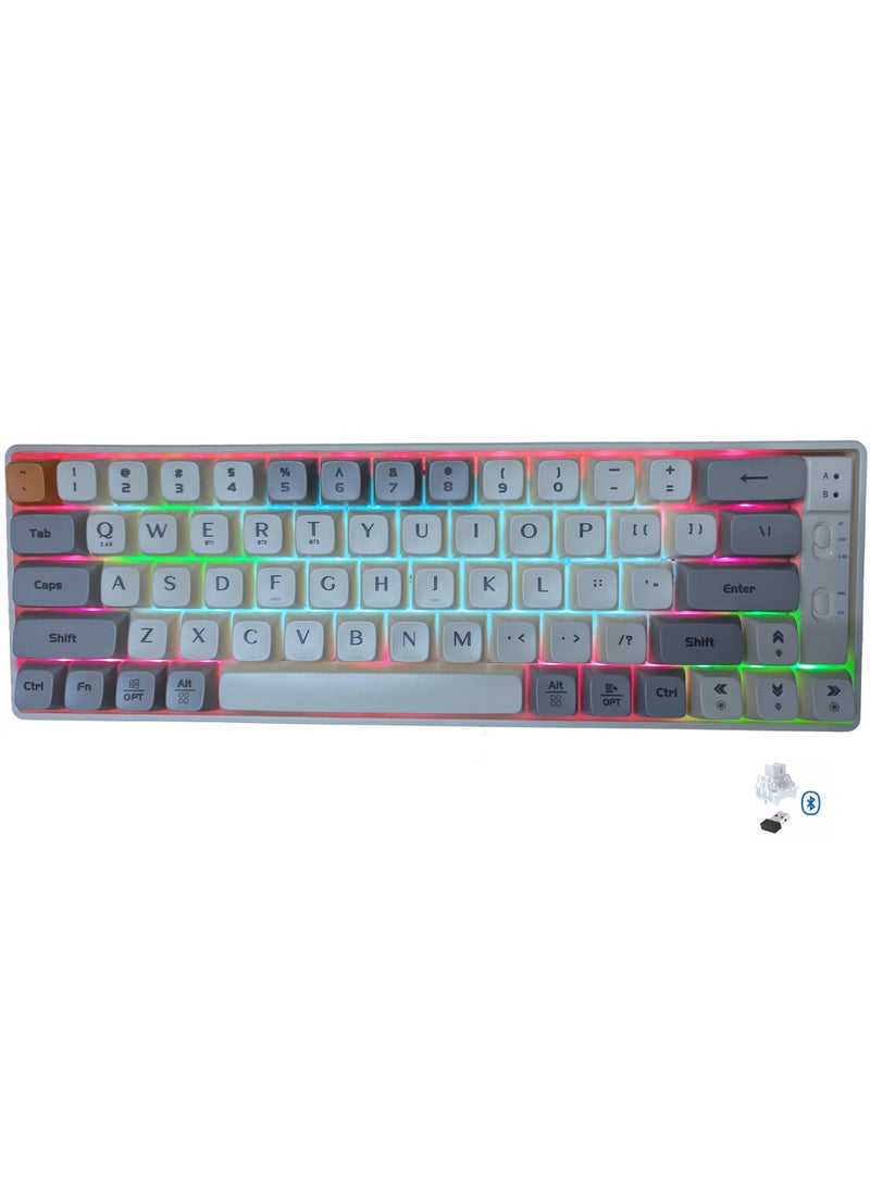 لانغتو لوحة مفاتيح GK65 للألعاب الميكانيكية بألوان قوس قزح، لاسلكية، بلوتوث، وسلكية، بثلاثة أوضاع، مزودة بمفاتيح خطية برتقالية هادئة قابلة للتبديل السريع مع مقبس لوحة دوائر مطبوعة قابل للتعديل الحر للتبديل السريع - Image 1