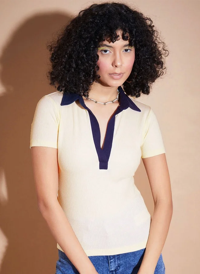 SASSAFRAS Polo Collar Ribbed Top in Off White and Navy Blue for Women