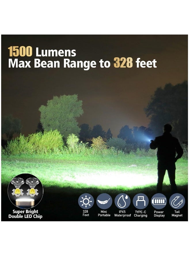 Mini LED Flashlight with 365nm UV Black Light - Compact 1500 LM USB-C Rechargeable Keychain Flashlight with COB Side Light, Magnetic Base, 9 Modes, IPX5 Waterproof - 2 Pack - Image 2