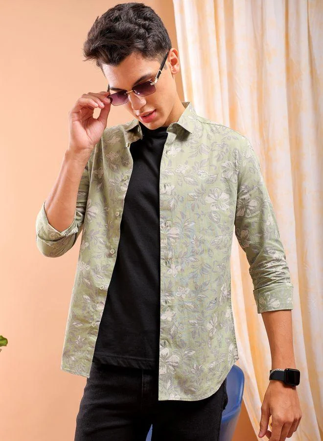 The Indian Garage Co Men Slim Fit Floral Printed Full Sleeves Cutaway Collar Casual Shirt