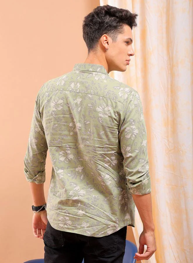 The Indian Garage Co Men Slim Fit Floral Printed Full Sleeves Cutaway Collar Casual Shirt