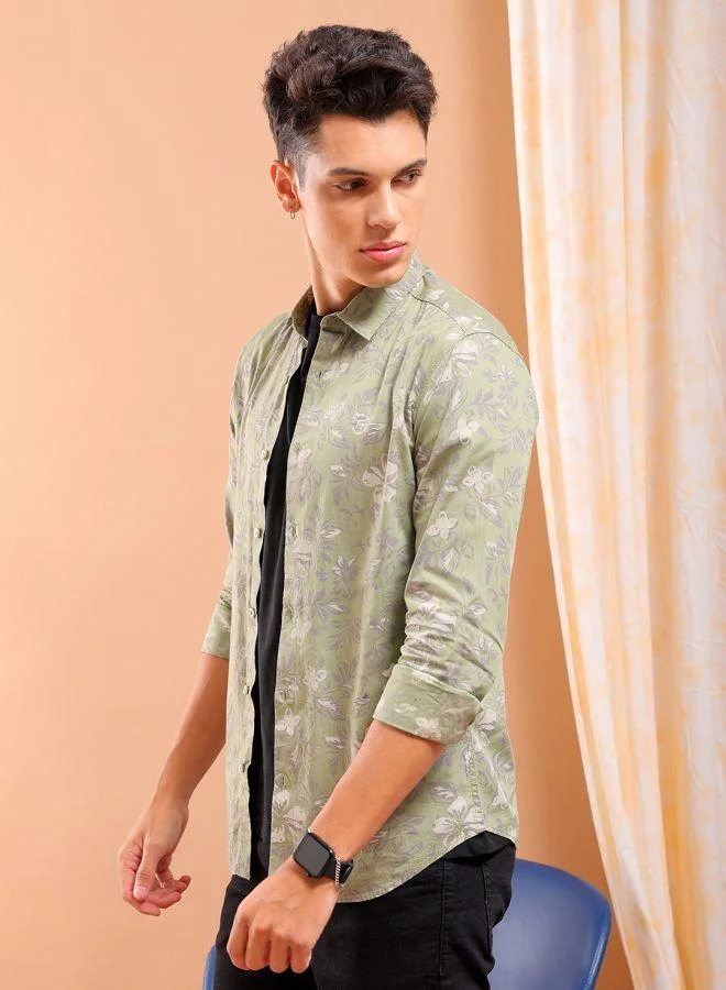 The Indian Garage Co Men Slim Fit Floral Printed Full Sleeves Cutaway Collar Casual Shirt