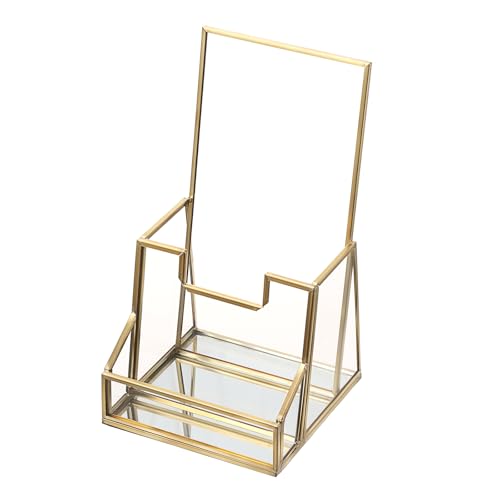 BTSKY Golden Glass Brochure Holder for 4" Wide Trifold Handouts, Countertop Pamphlet Flyer Holder Display Stand with Business Card Holder, Clear Elegant Brochure Display Stand for Magazine Booklets - Image 1