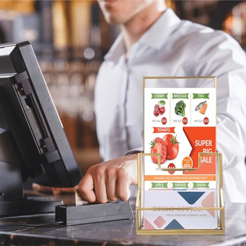 BTSKY Golden Glass Brochure Holder for 4" Wide Trifold Handouts, Countertop Pamphlet Flyer Holder Display Stand with Business Card Holder, Clear Elegant Brochure Display Stand for Magazine Booklets - Image 5