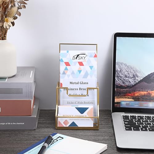 BTSKY Golden Glass Brochure Holder for 4" Wide Trifold Handouts, Countertop Pamphlet Flyer Holder Display Stand with Business Card Holder, Clear Elegant Brochure Display Stand for Magazine Booklets - Image 2