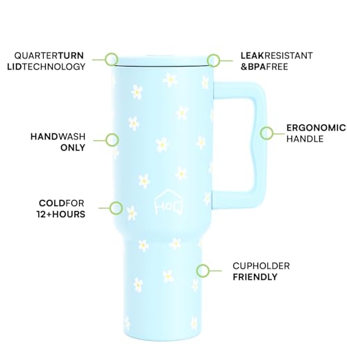 House of Quirk 1200ML Stainless Steel Tumbler with Handle & Lid, 2 Straws – Large Travel Mug Water Cup for Gym, Office & Outdoor Use (Blue Daisy) - Image 2