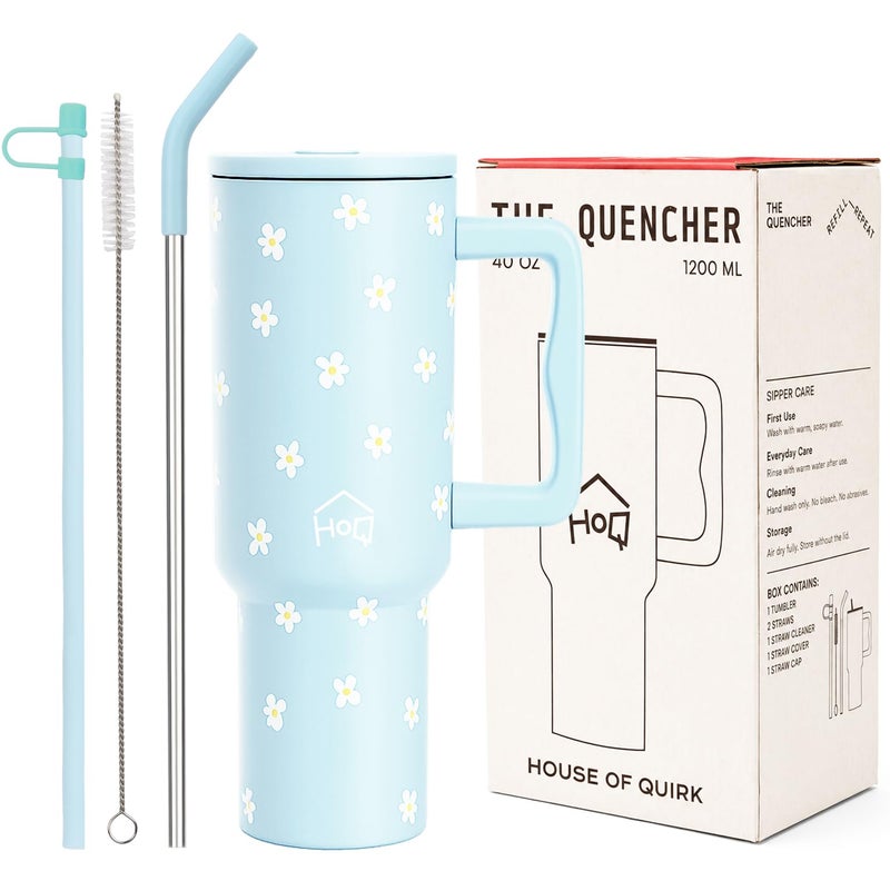 House of Quirk 1200ML Stainless Steel Tumbler with Handle & Lid, 2 Straws – Large Travel Mug Water Cup for Gym, Office & Outdoor Use (Blue Daisy) - Image 1