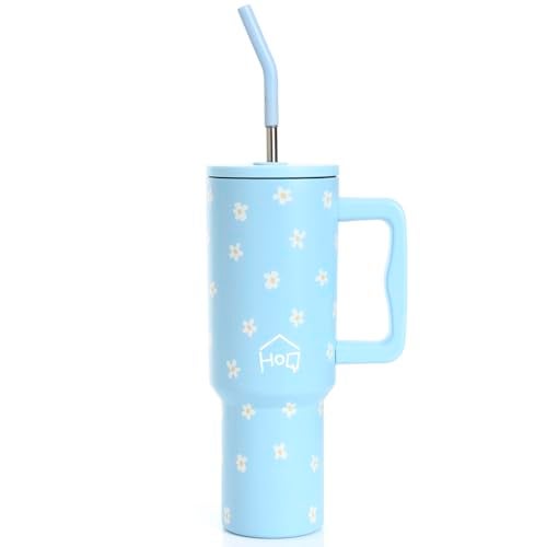 House of Quirk 1200ML Stainless Steel Tumbler with Handle & Lid, 2 Straws – Large Travel Mug Water Cup for Gym, Office & Outdoor Use (Blue Daisy) - Image 5