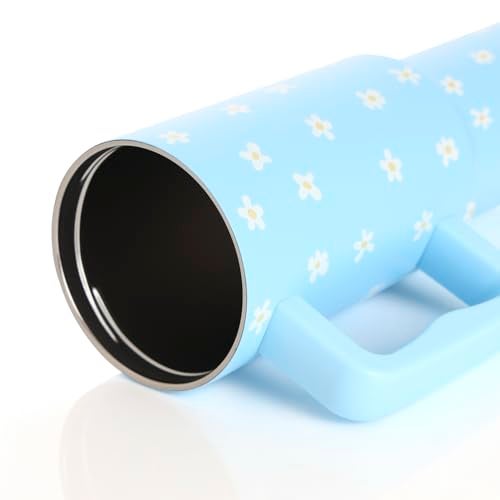 House of Quirk 1200ML Stainless Steel Tumbler with Handle & Lid, 2 Straws – Large Travel Mug Water Cup for Gym, Office & Outdoor Use (Blue Daisy) - Image 4