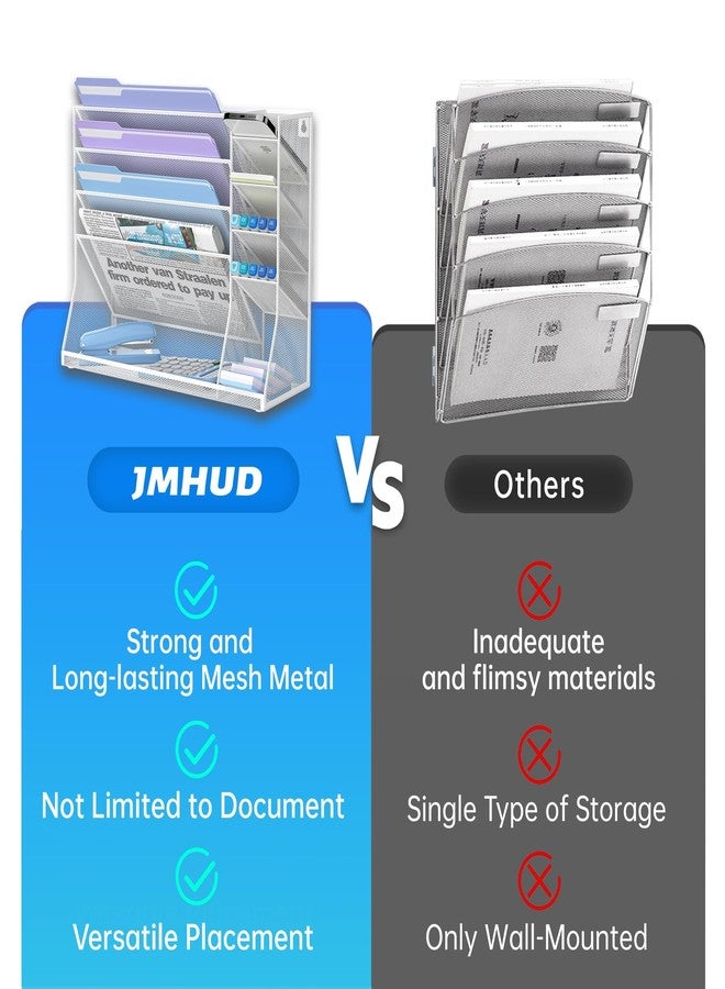 JMHUD Wall File Organizer, 5-Tier Desk Organizer with 4 Pen Slots, Hanging Wall File Folder Holder with R-shaped Bottom Tray, Mesh Versatile Mail Holder Desk Organization for Office, White - Image 3