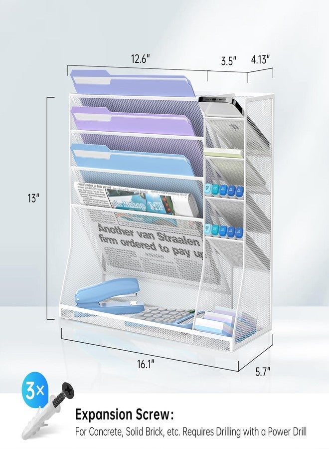 JMHUD Wall File Organizer, 5-Tier Desk Organizer with 4 Pen Slots, Hanging Wall File Folder Holder with R-shaped Bottom Tray, Mesh Versatile Mail Holder Desk Organization for Office, White - Image 5
