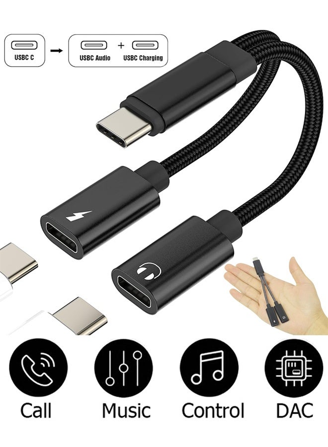 Wffo 2 in 1 Dual USB C Headphone and Charger - with PD 60W Fast Charging - New Audio Charger Adapter DAC Type C Aux Earphone Splitter Compatible With Apple iPad Pro Galaxy S24 Ultra S10 Lite Note10 A90 Z Flip Tab S6 Huawei P30 - Support Call+Charging - Black - Image 1