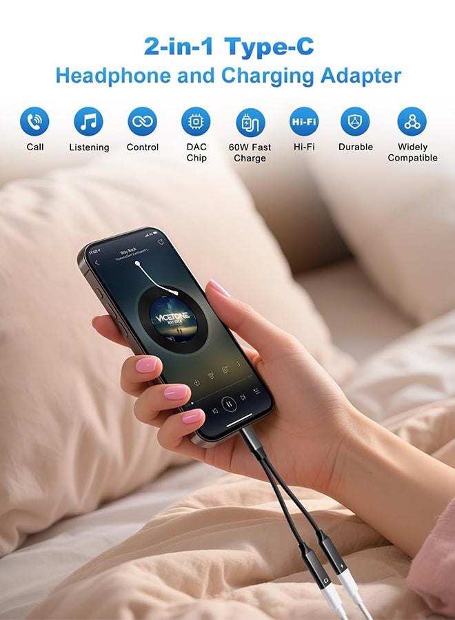Wffo 2 in 1 Dual USB C Headphone and Charger - with PD 60W Fast Charging - New Audio Charger Adapter DAC Type C Aux Earphone Splitter Compatible With Apple iPad Pro Galaxy S24 Ultra S10 Lite Note10 A90 Z Flip Tab S6 Huawei P30 - Support Call+Charging - Black - Image 2