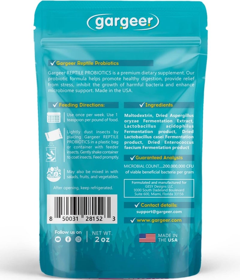 Gargeer بروبيوتيك غارغير للزواحف. تحسين الشهية والهزيز وتعزيز جهاز المناعة. مكمل غذائي لـ 10-12 رطلاً من الطعام مع كيسنا 2 أونصة. استمتع! - Image 2