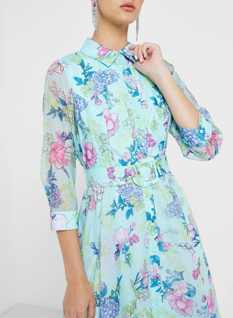 Femi9 Floral Print Belt Detail Dress