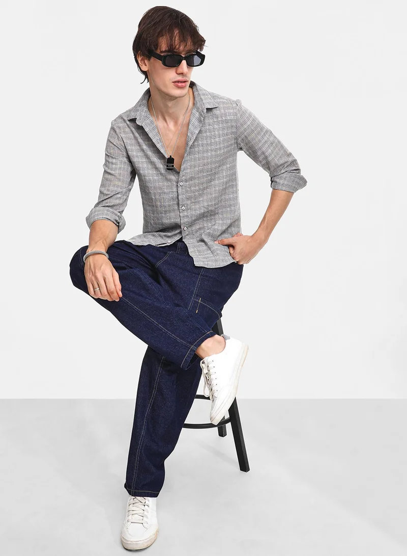 كامبوس سوترا Men's Ash Grey Micro-Tartan Plaid Shirt