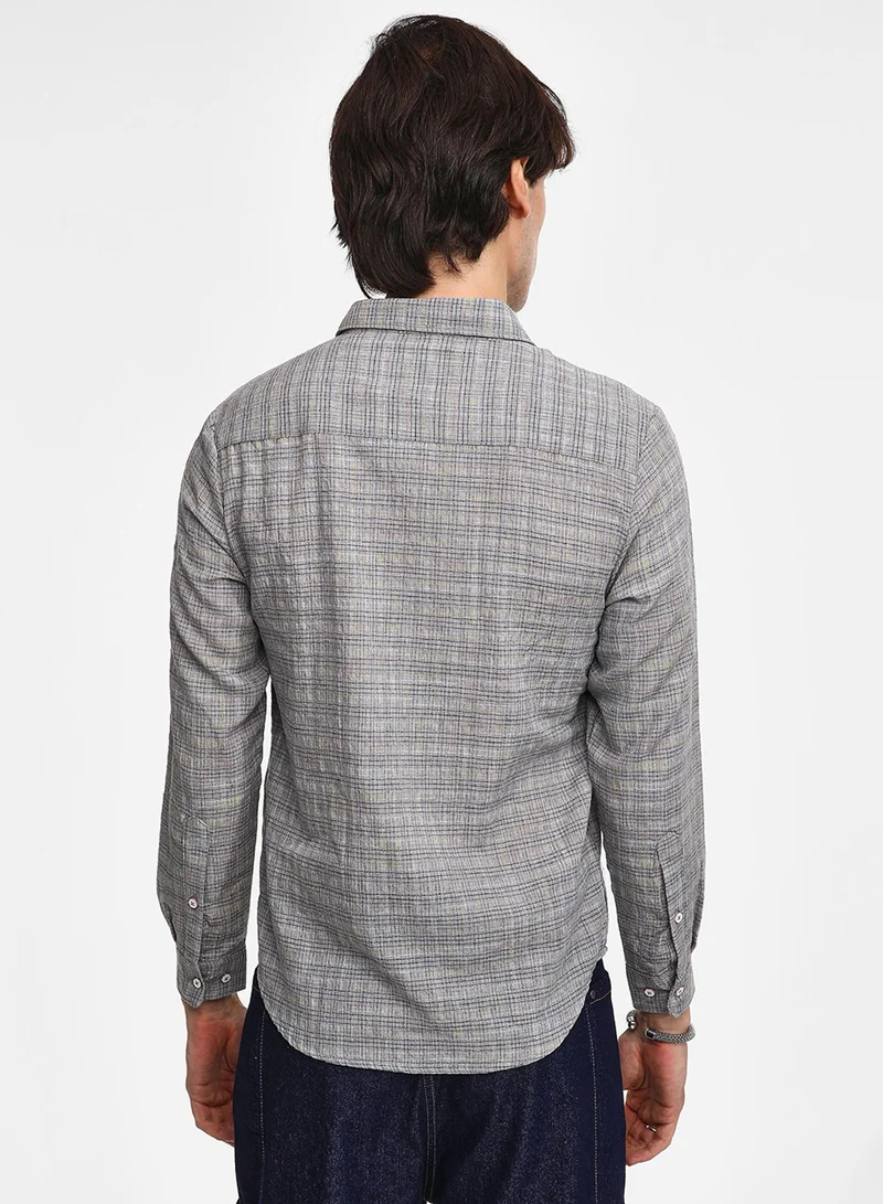 كامبوس سوترا Men's Ash Grey Micro-Tartan Plaid Shirt