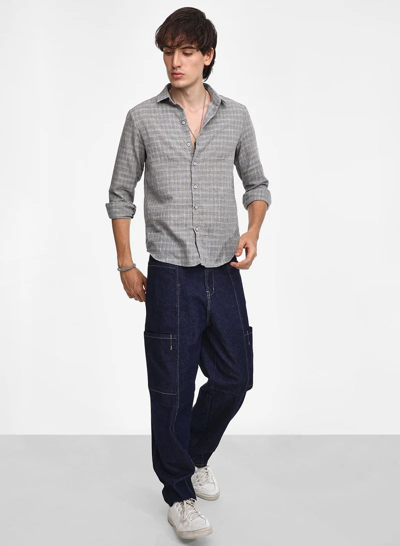 كامبوس سوترا Men's Ash Grey Micro-Tartan Plaid Shirt
