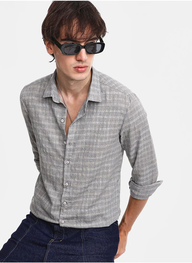 Campus Sutra Men's Ash Grey Micro-Tartan Plaid Shirt