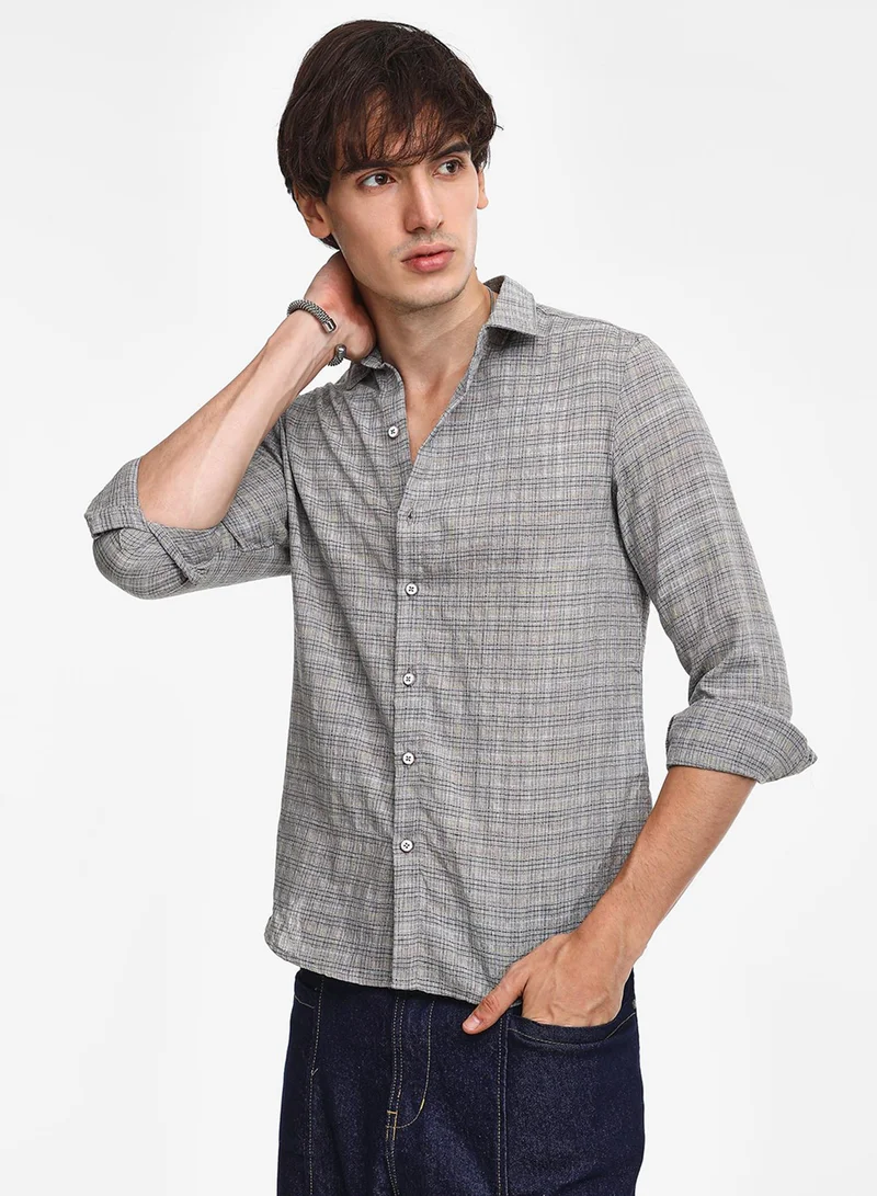 كامبوس سوترا Men's Ash Grey Micro-Tartan Plaid Shirt